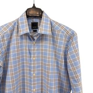 David Donahue Dress Shirt Mens 16 32/33 Pre-Owned Trim Fit Plaid Blue 100%Cotton